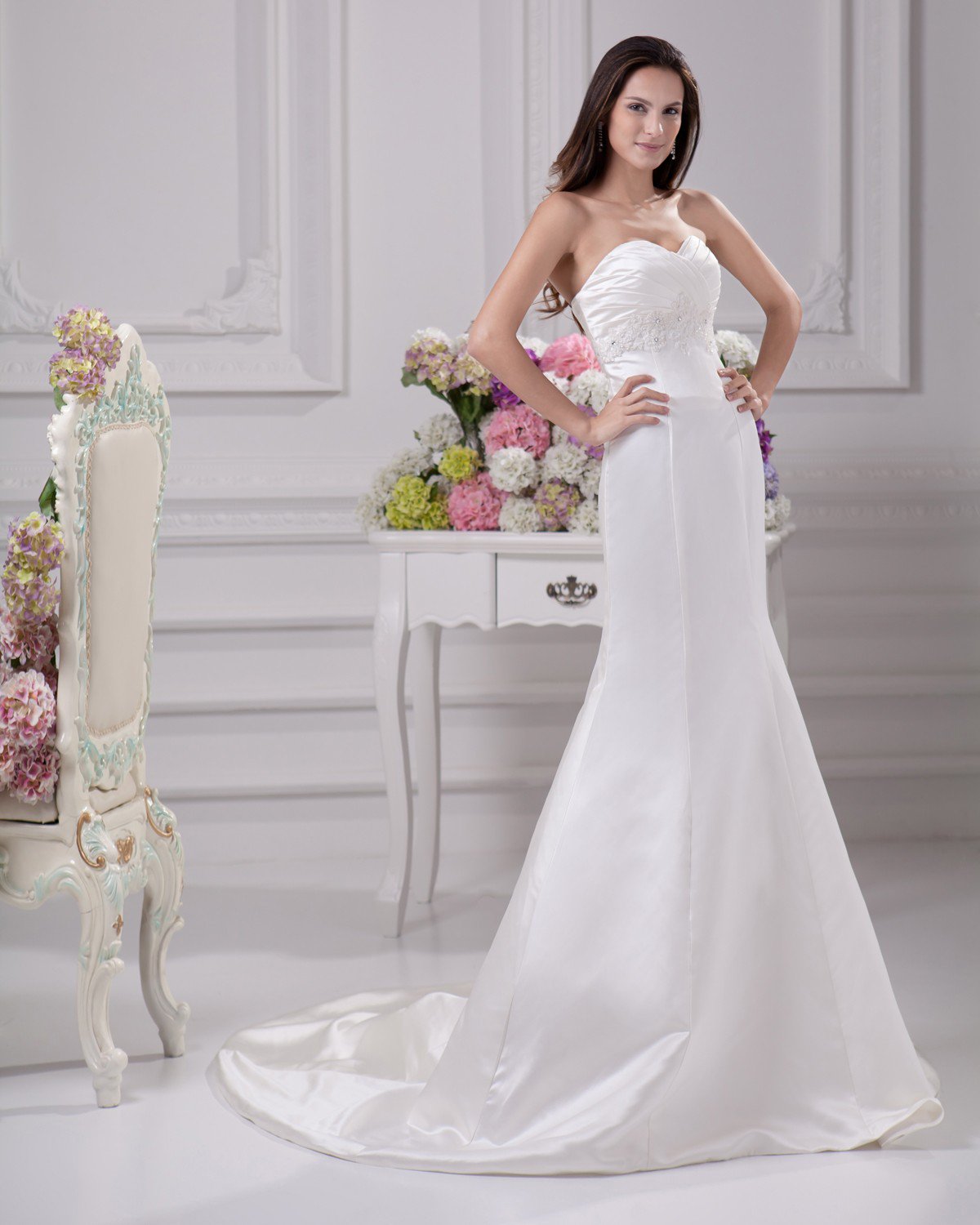 Elegant Sweetheart Beading Ruffles Floor Length Court Train Satin Sheath Wedding Dress
