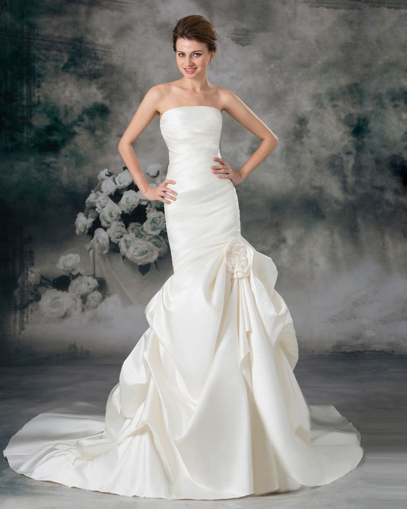 Satin Ruffle Flower Strapless Court Train Sheath Wedding Dress