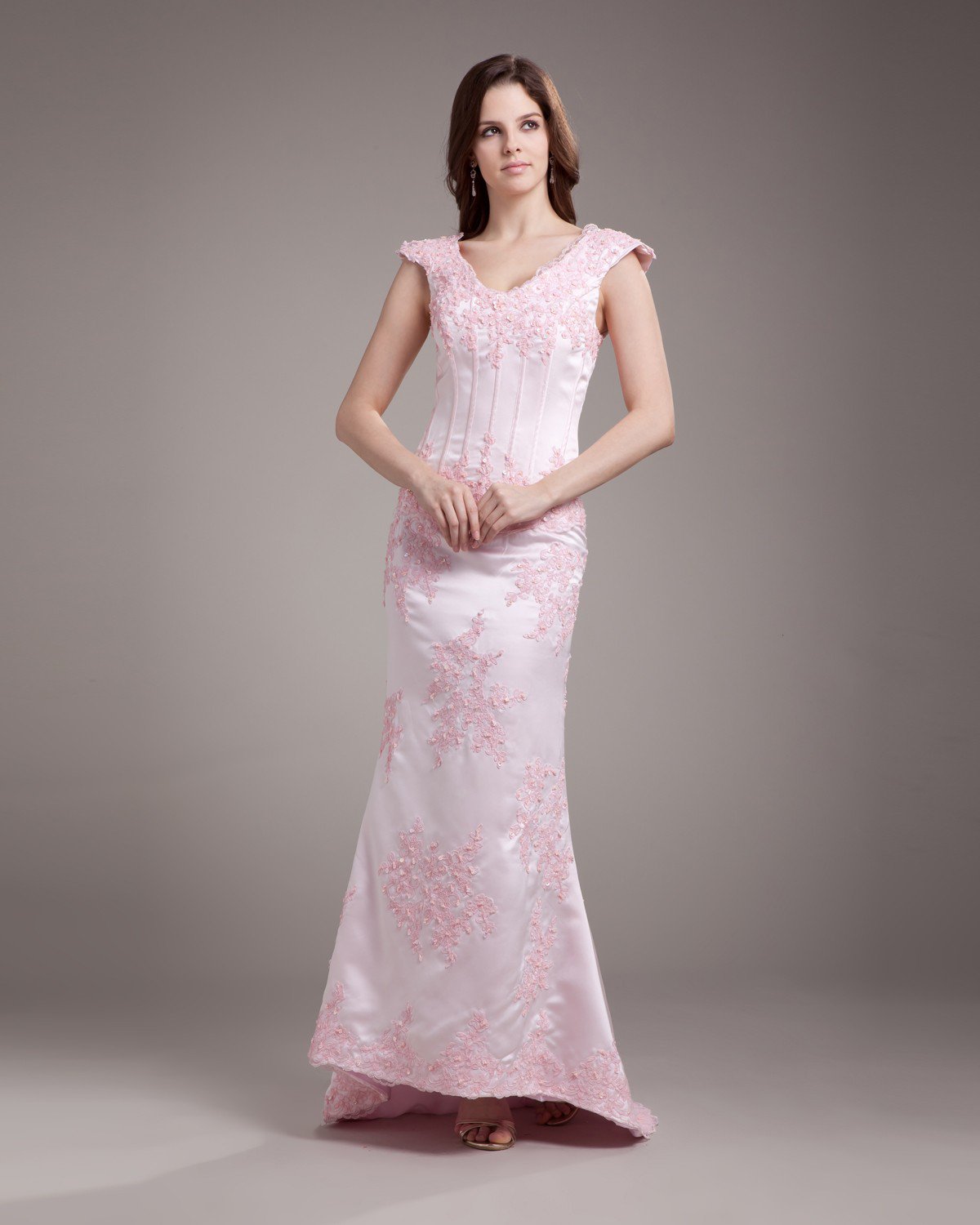V Neck Applique Beading Floor Length Satin Sheath Wedding Dress