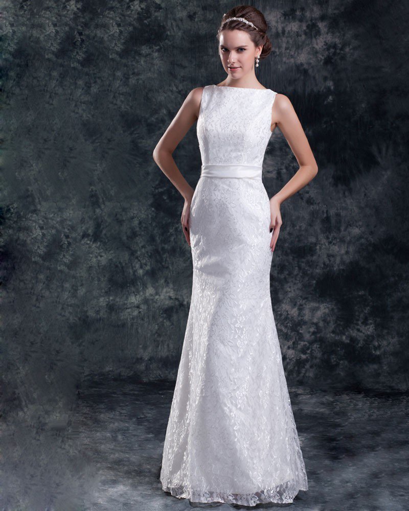 Lace Flower Bateau Neck Floor Length Sheath Wedding Dress