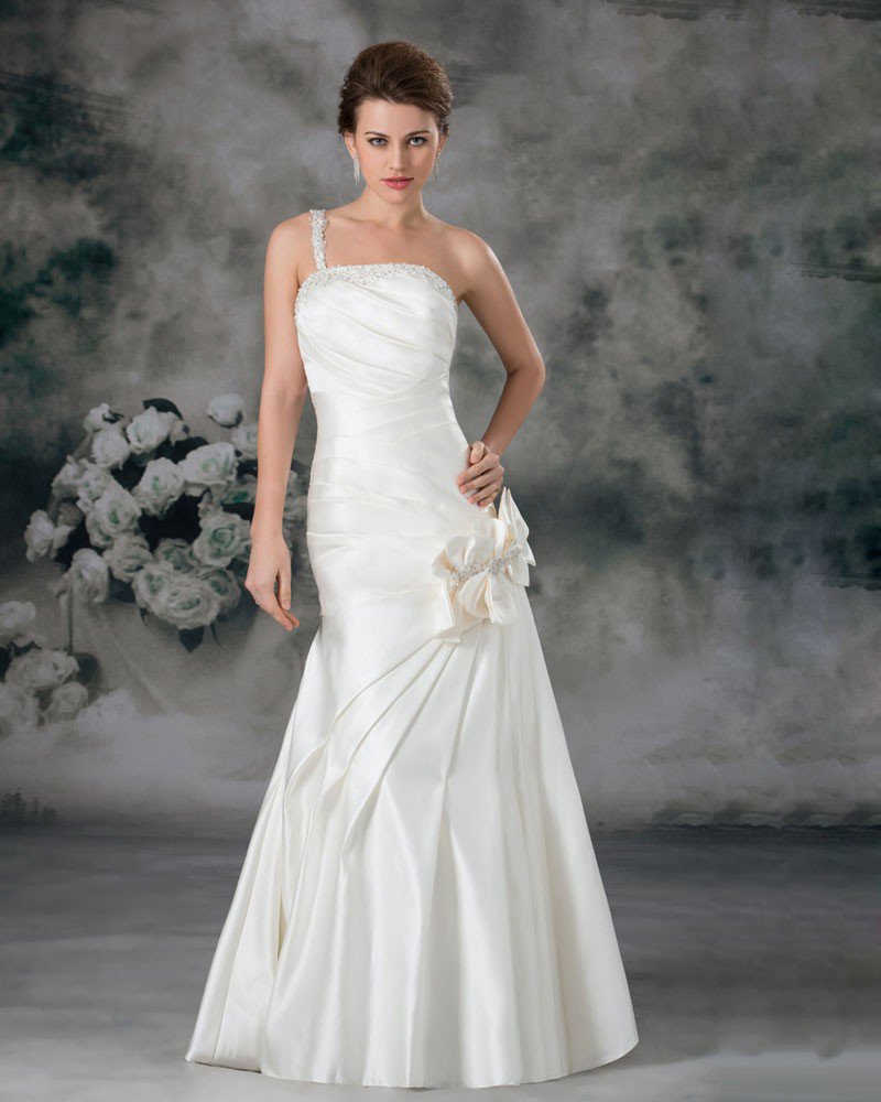 Satin Sequins Ruffle Flower One Shoulder Floor Length Sheath Wedding Dress