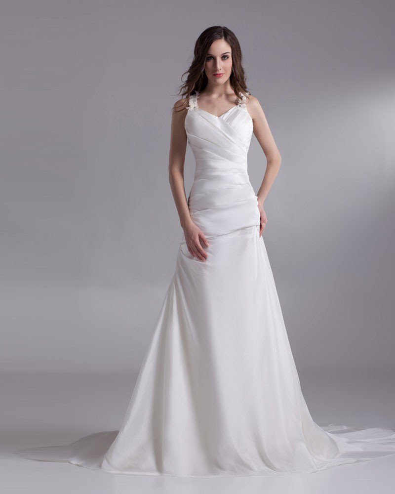 Satin Ruffle Sequins Shoulder Straps Court Train Sheath Wedding Dress