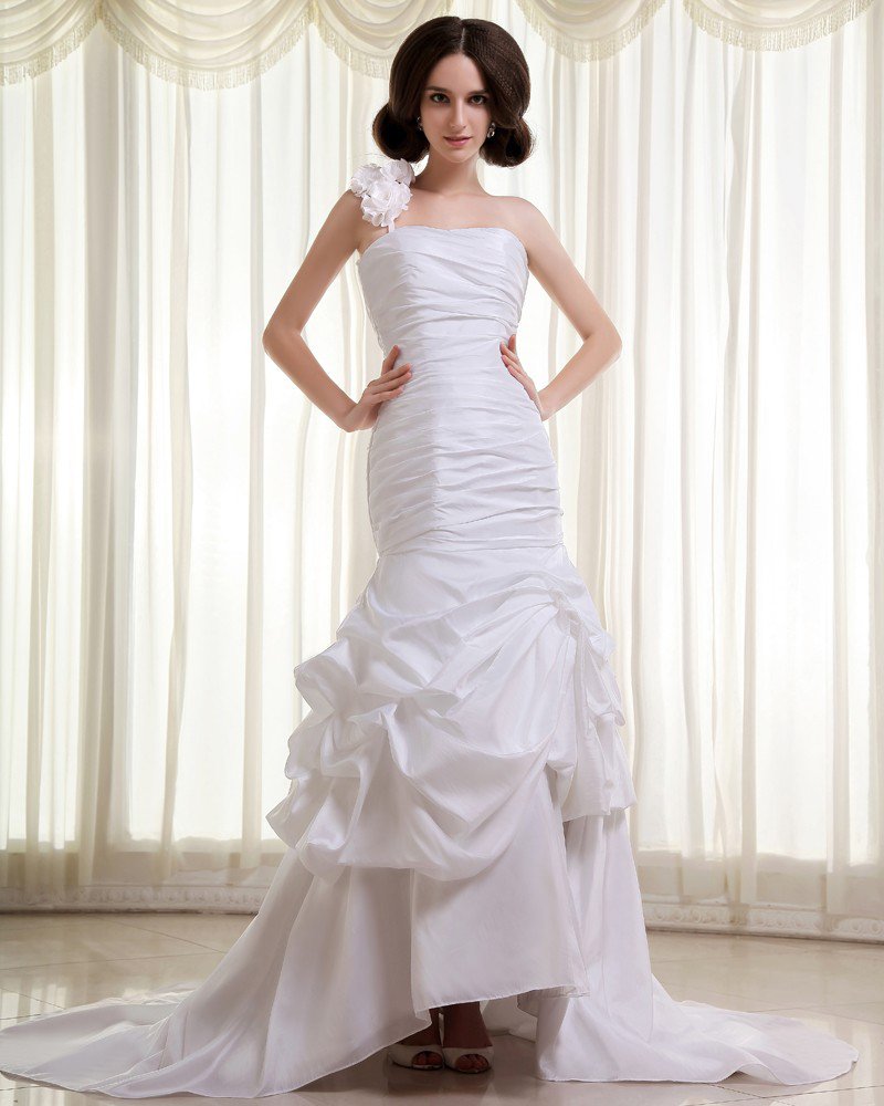 Ruffles Taffeta One Shoulder Cathedral Train Sheath Wedding Dress