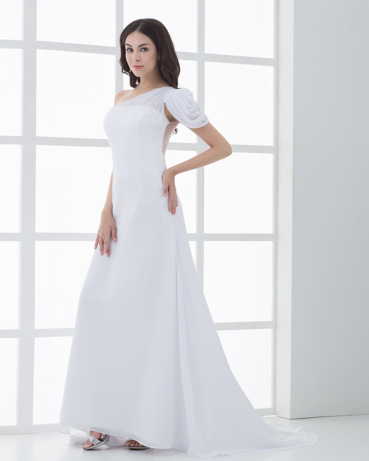 Chiffon Ruffle Beading One Shoulder Floor Length Sheath Wedding Dresses