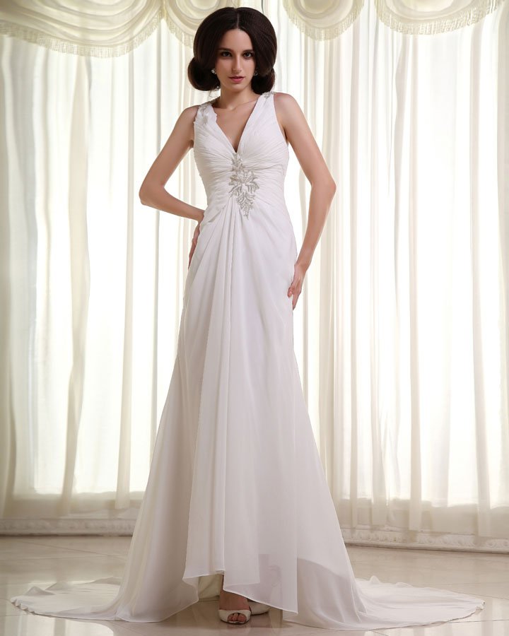 Chiffon Satin Ruffles Applique V-Neck Cathedral Length Sheath Wedding Dresses