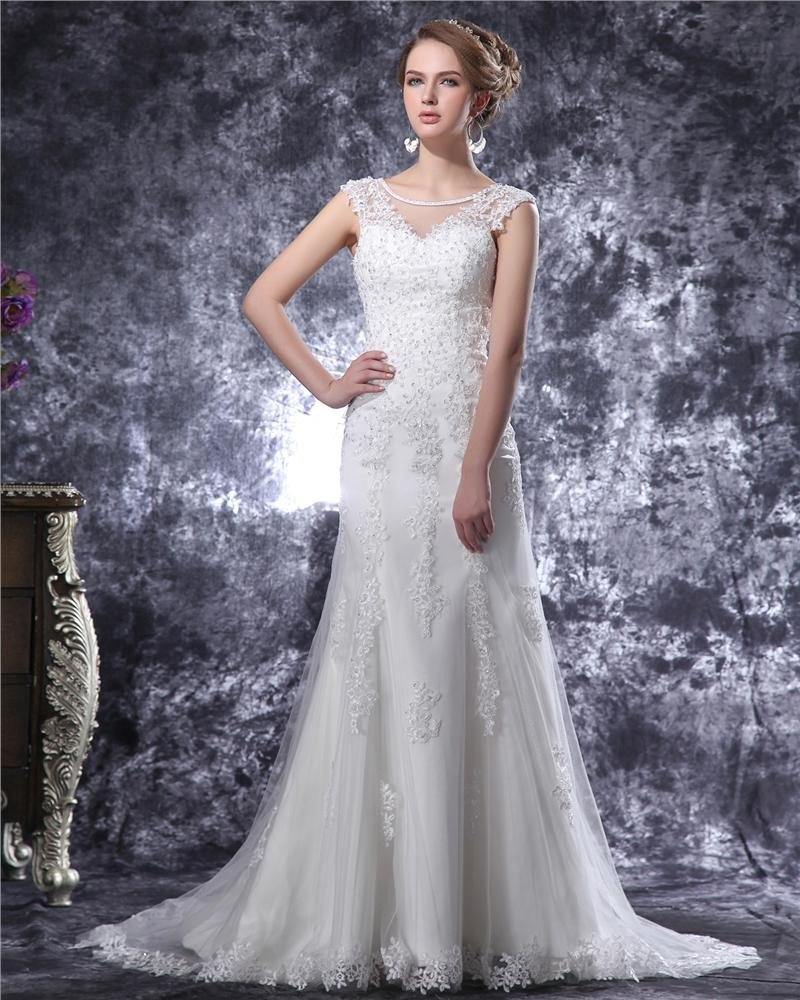 V Neck Beading Applique Floor Length Satin Sheath Wedding Dress