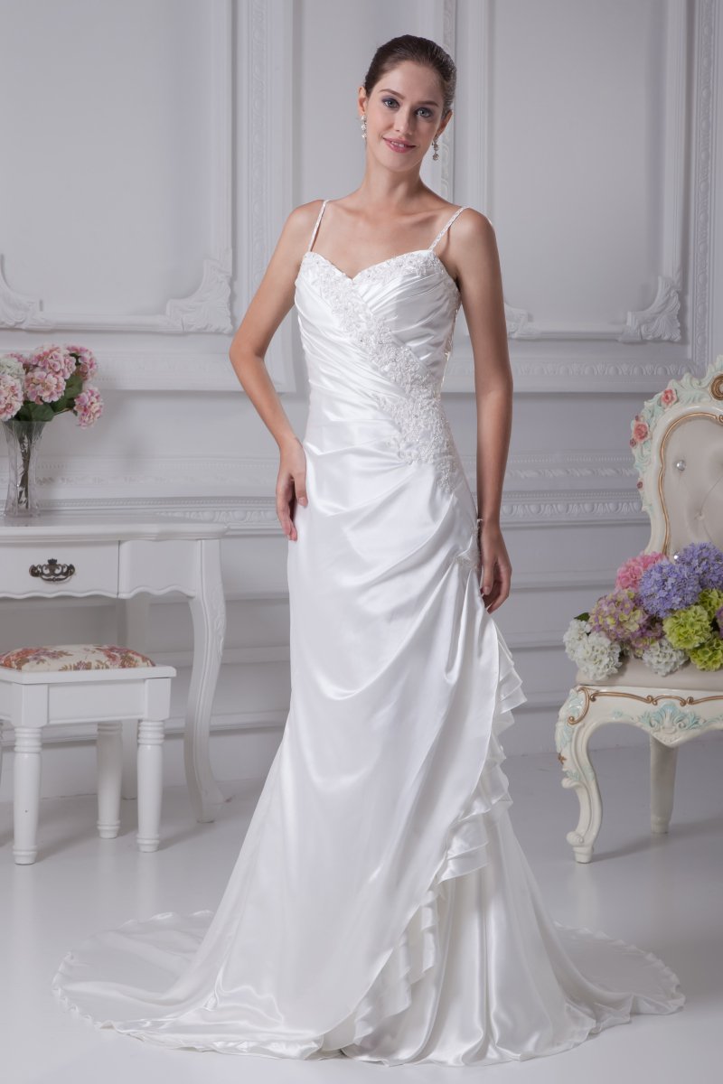 Charmeuse Shoulder Straps Chapel Sheath Bridal Gown Wedding Dress