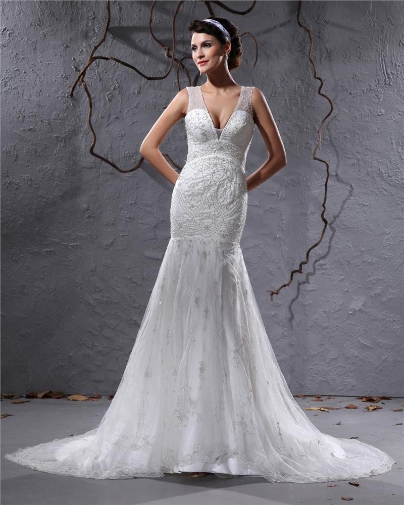 Beautiful V-Neck Cathedral Train Organza Beading Sheath Wedding Dress