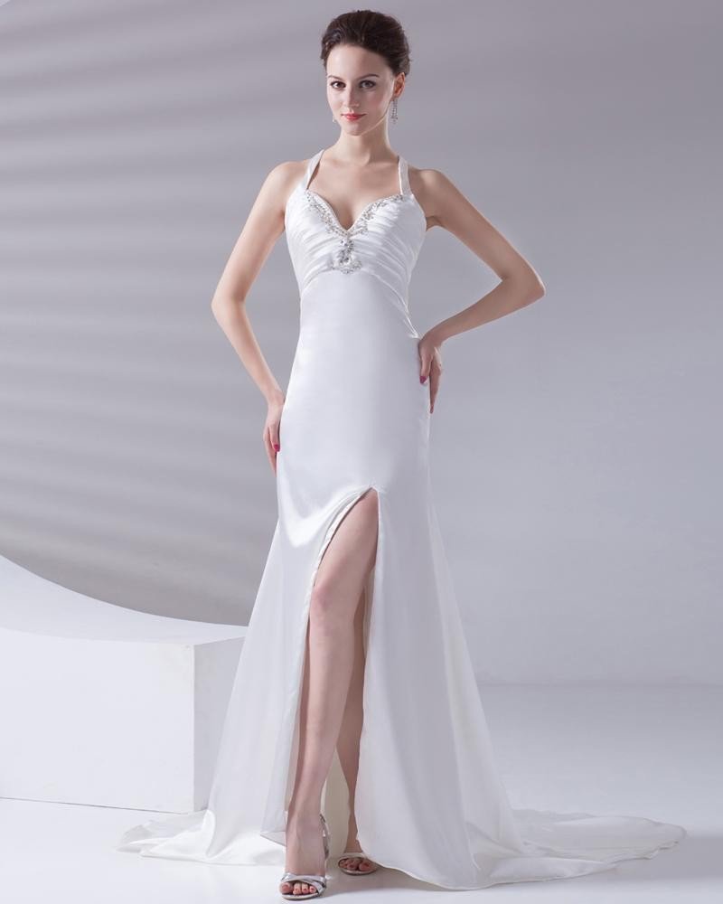 Shoulder Straps Beading Ruffle Floor Length Charmeuse Woman Sheath Wedding Dress