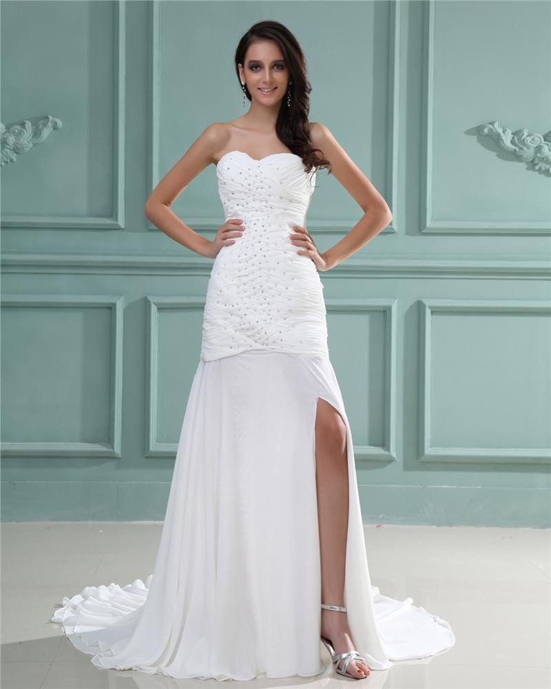 Strapless Sleeveless Zipper Beading Ruffle Floor Length Chiffon Woman Sheath Wedding Dress