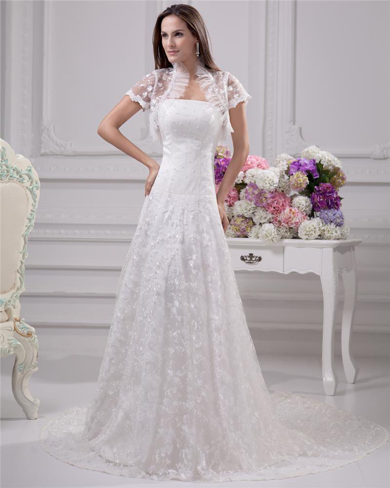 Elegant Strapless Floor Length Court Train Satin Lace Sheath Wedding Dress
