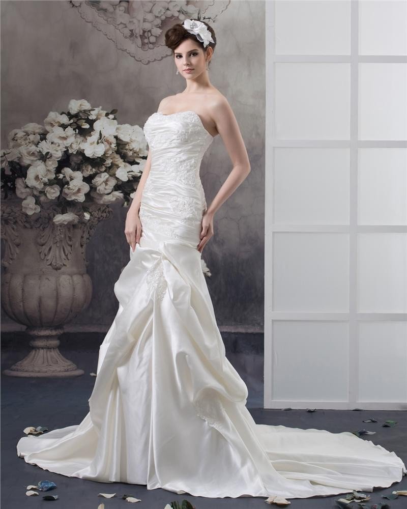 Strapless Beading Ruffle Floor Length Satin Sheath Wedding Dress