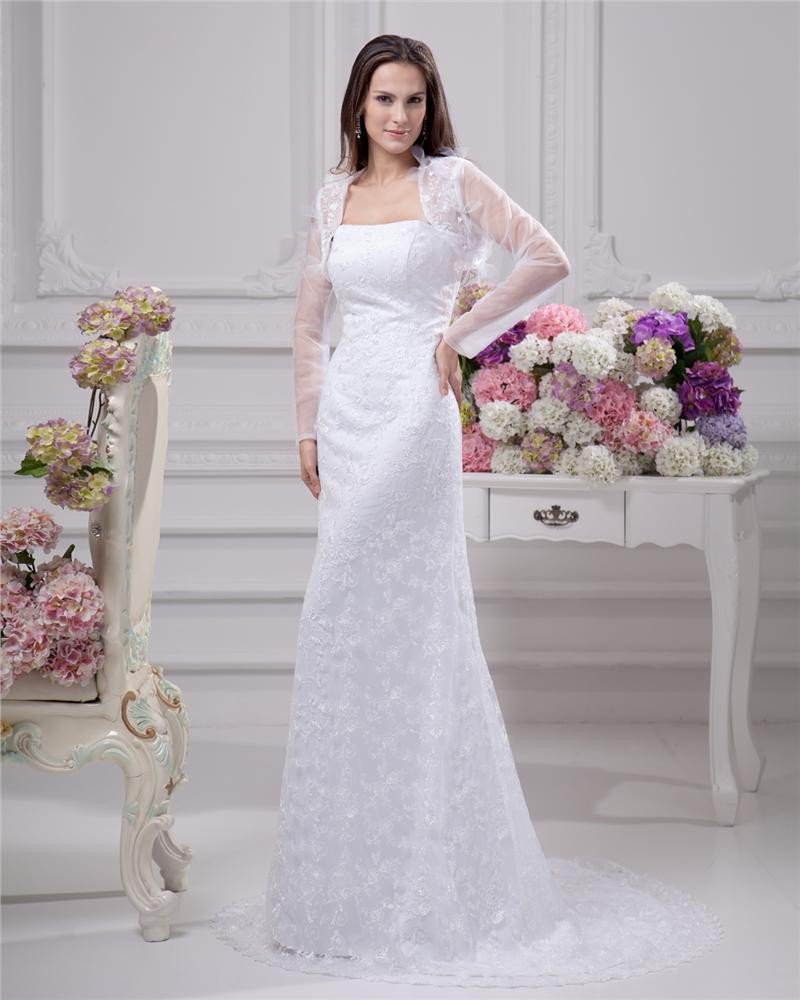 Elegant Strapless Satin Yarn Lace Floor Length Solid Court Train Sheath Wedding Dress
