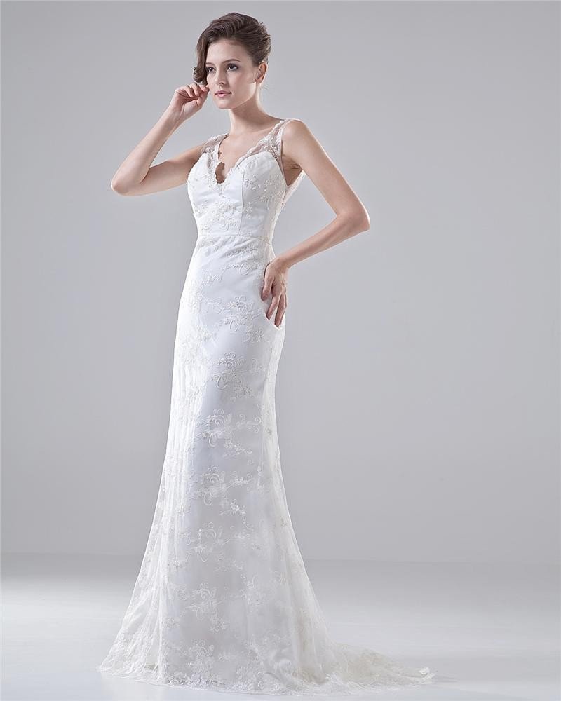 V Neck Spaghetti Straps Embroidery Floor Length Lace Sheath Wedding Dress