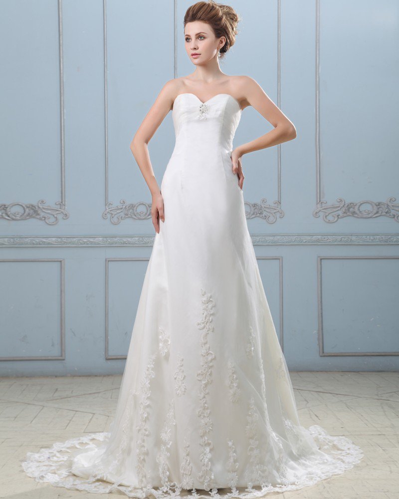 Stylish Beading Strapless Sweep Floor Length Lace Sheath Wedding Dress