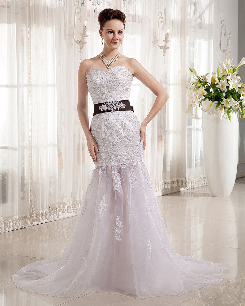 Beading Tulle Satin Ruffles Sweetheart Cathedral Train Sheath Wedding Dresses