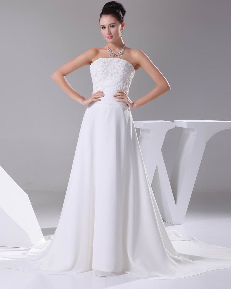 Elegant Chiffon Satin Lacework Beading Strapless Floor Length Women Wedding Dress