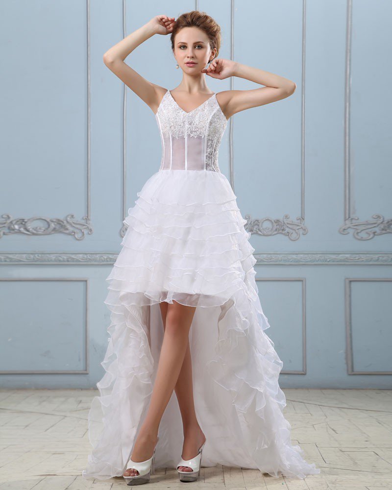 Court Train V-Neck Applique Layered Mini Wedding Dresses