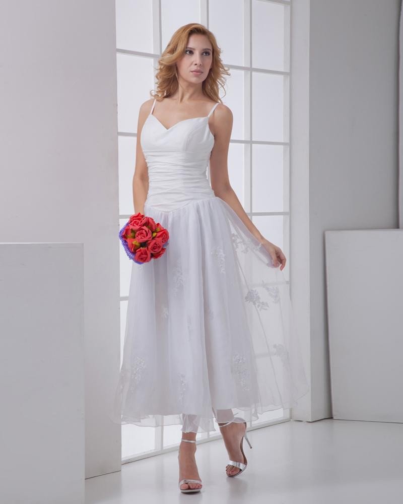 Taffeta Gauze Flower Spaghetti Straps Sleeveless Backless Zipper Ankle Length Pleated Mini Wedding D