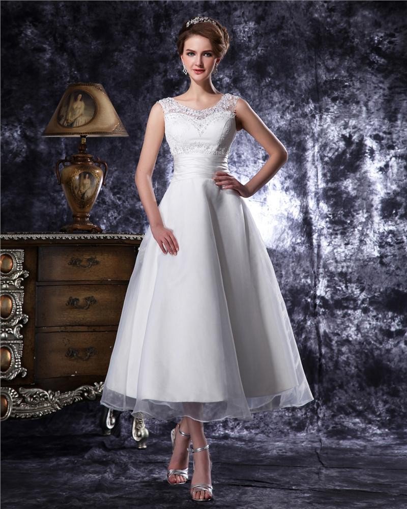 Round Neck Beading Tea Length Organza Mini Wedding Dress