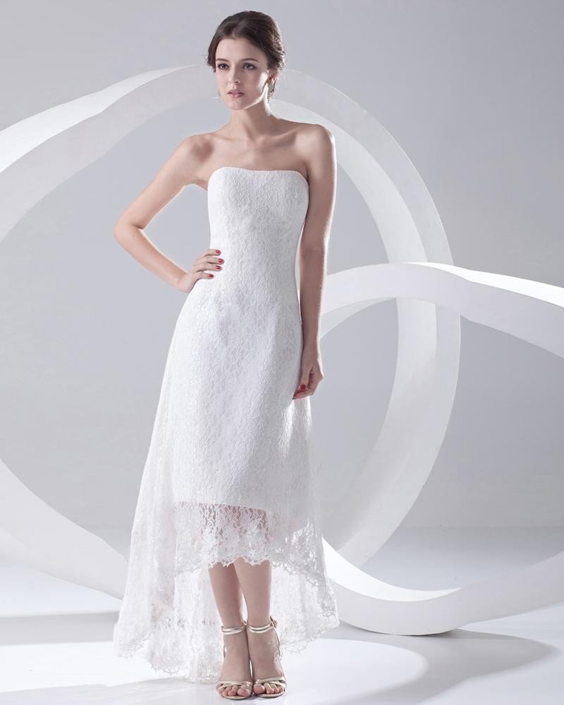 Satin Lace Strapless Backless Floor Length Asymmetrical High Low Mini Wedding Dress