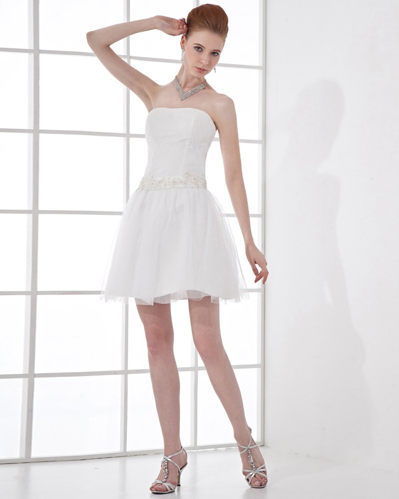 Fashion Tulle Pleated Beaded Strapless Thigh Length Mini Wedding Dress
