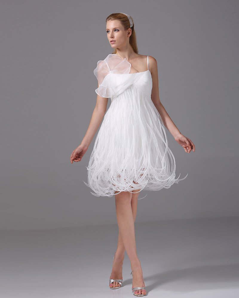 Spaghetti Straps Ruffle Knee Length Organza Satin Woman Mini Wedding Dress