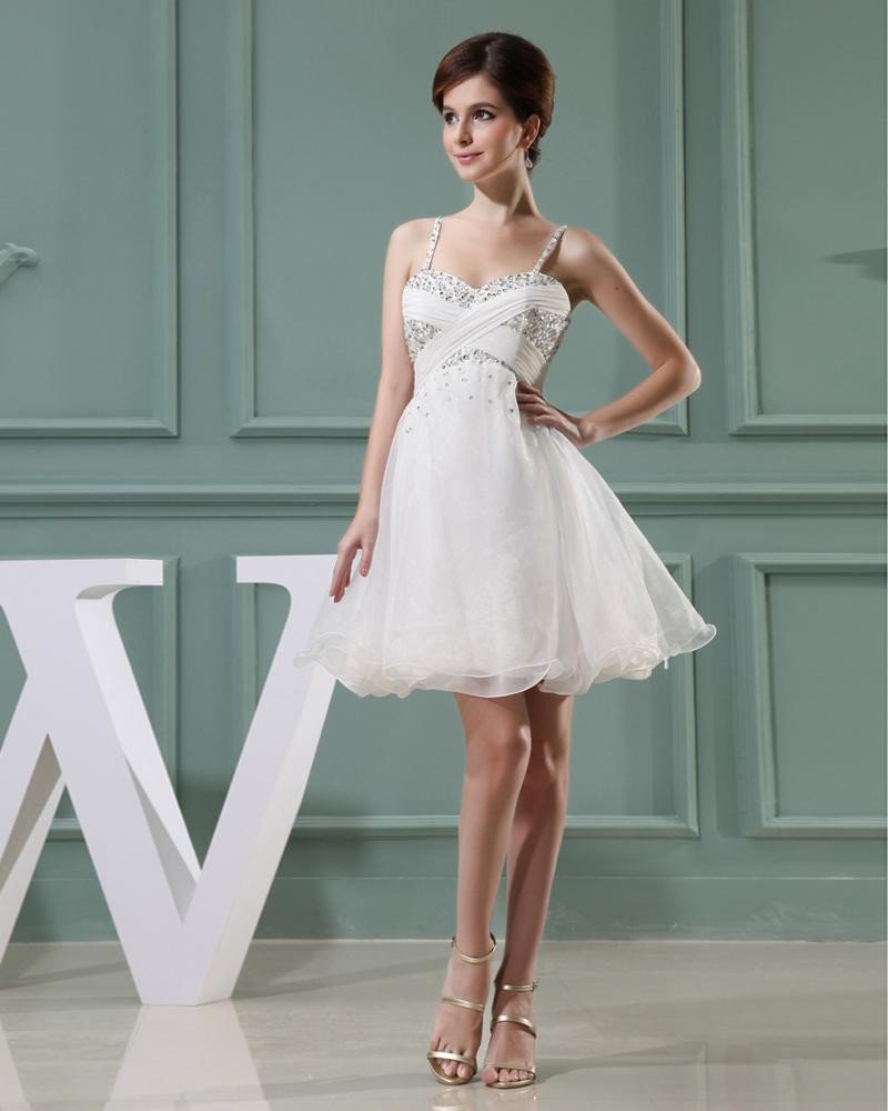 Lace Silk Silk Like Satin Beading Spaghetti Straps Sleeveless Zipper Pleated Mini Wedding Dress