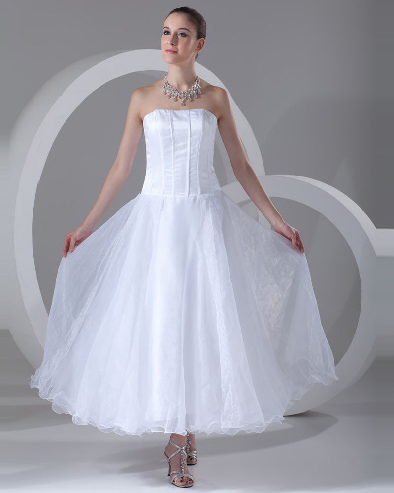 Organza Strapless Ankle Length Pleated Mini Wedding Dress