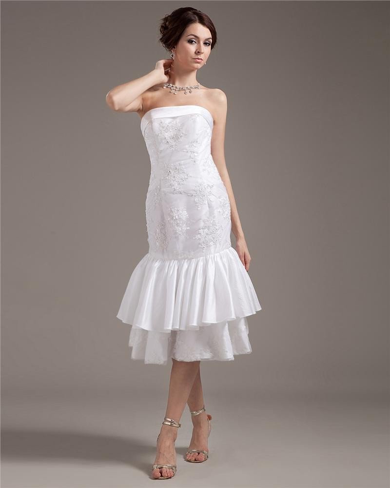 Strapless Applique Sleeveless Zipper Draped Hem Tea Length Woman Wedding Dresses