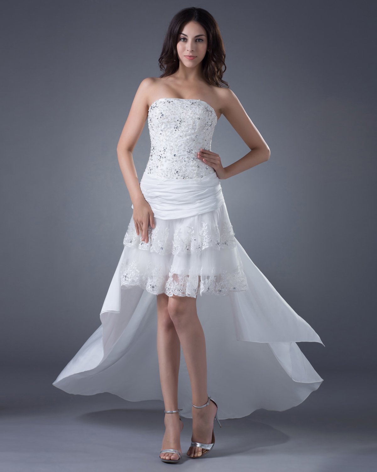 High Low Lace Satin Beading Applique Bridal Gown Wedding Dresses
