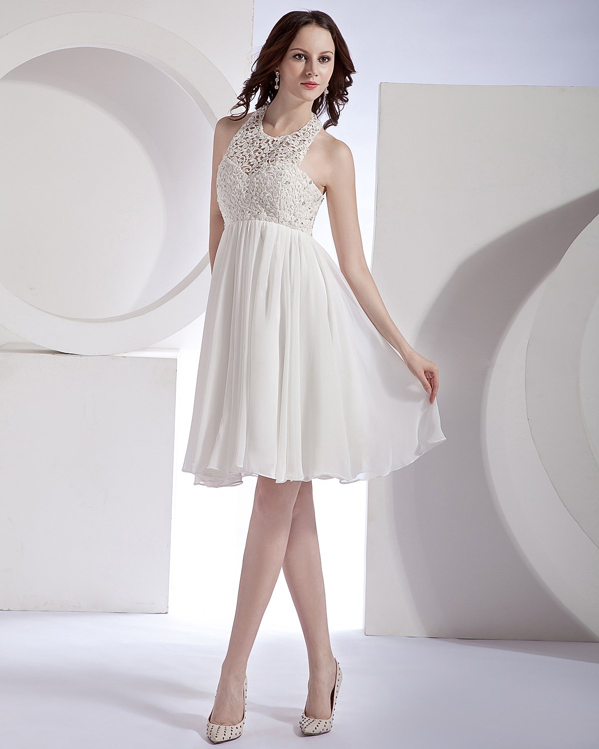 Hollow-Out Organza Chiffon Lace Halter Mini Bridal Gown Wedding Dress