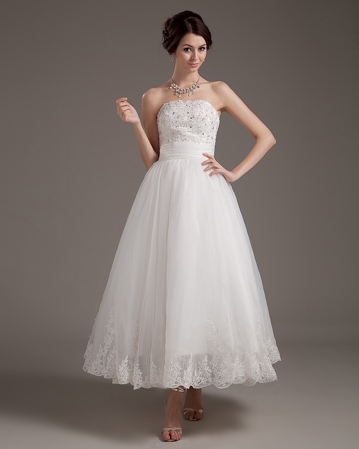 Lace Applique Satin Yarn Strapless Short Mini Wedding Dresses