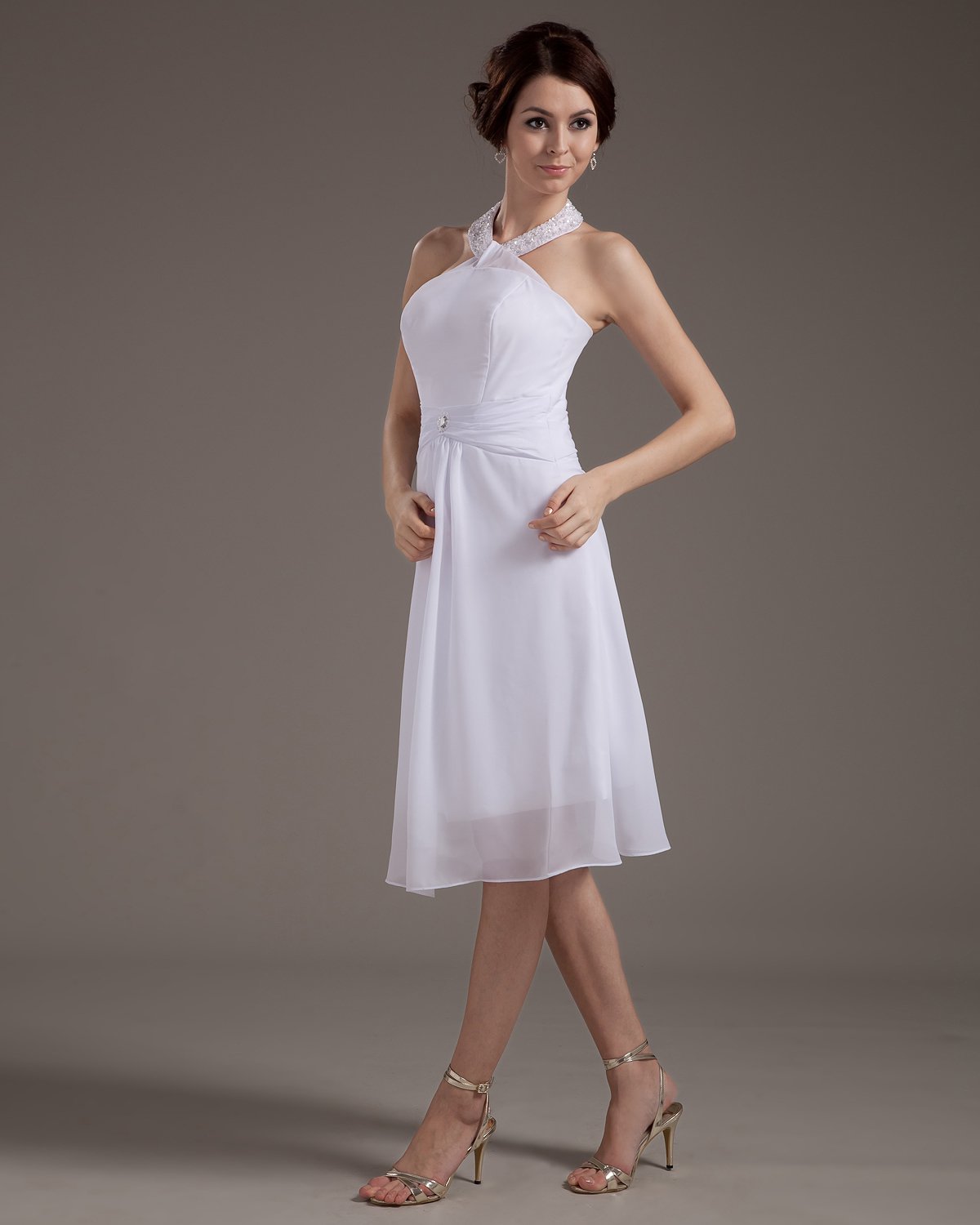 Mini Halter Chiffon Satin Knee Length Wedding Dresses