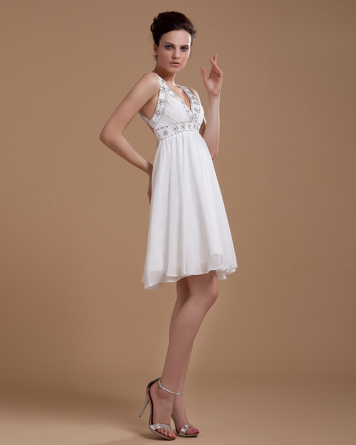 Sexy V Neck Ruffles Sash Mini Bridal Gown Chiffon Wedding Dresses
