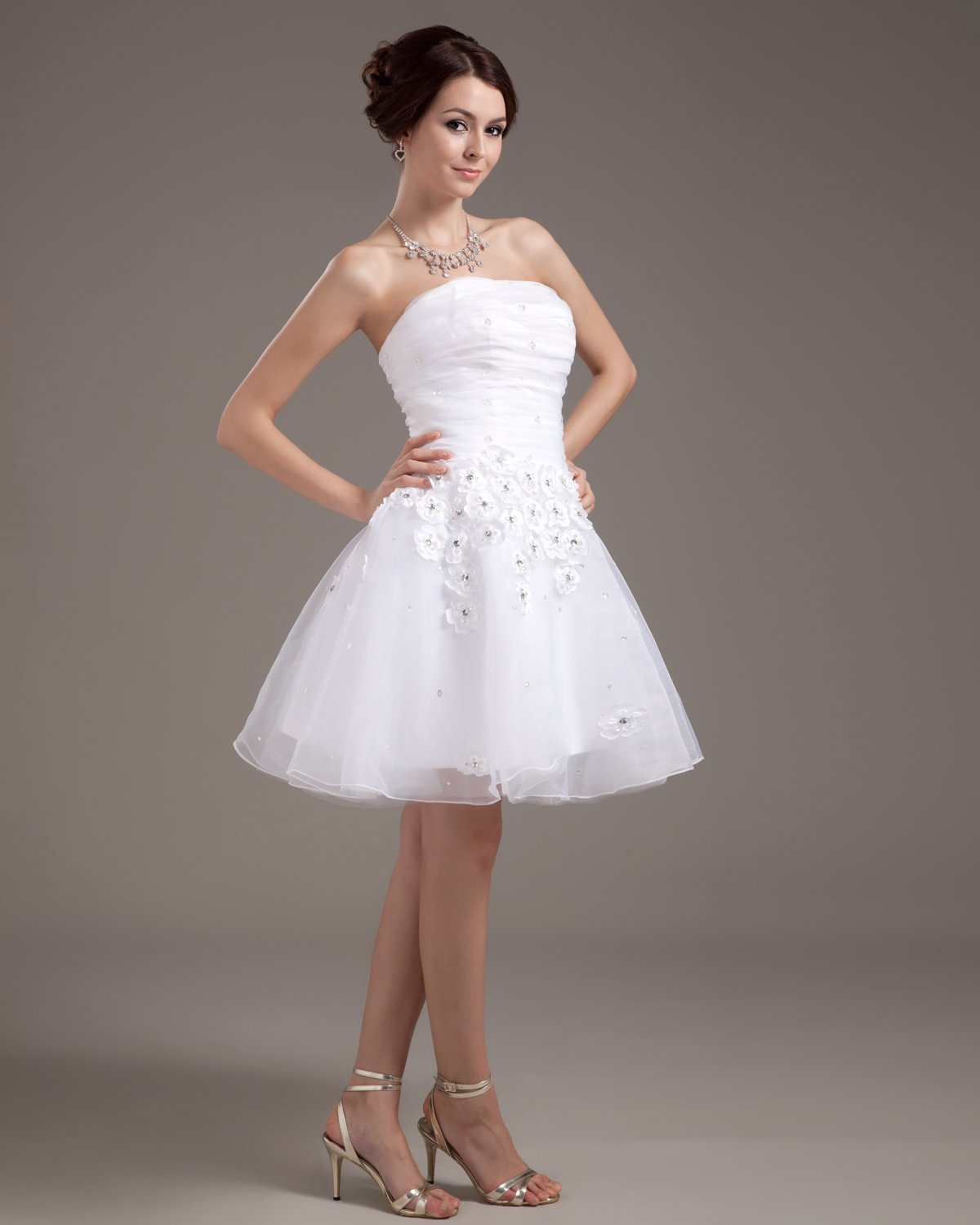 Sleeveless Mesh Satin Flowers Beading Short Mini Wedding Dresses
