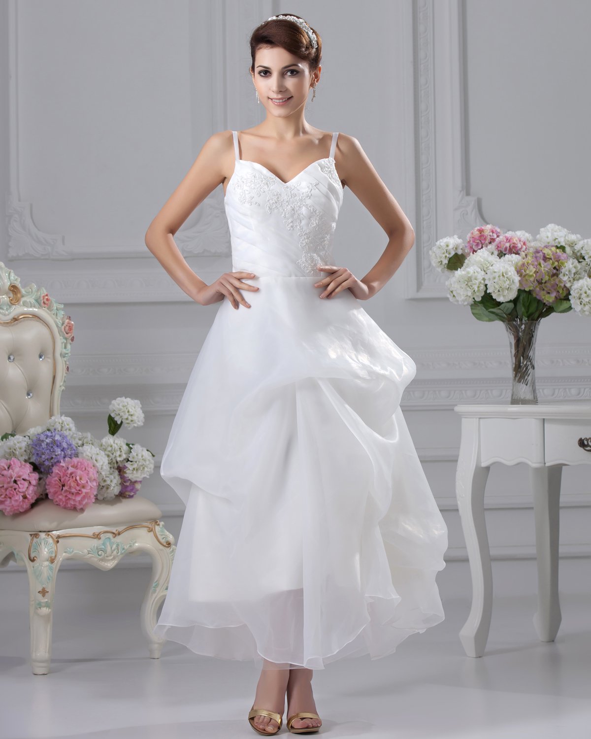 Spaghetti Straps Ruffle Beading Tea Length Yarn Mini Short Wedding Dress