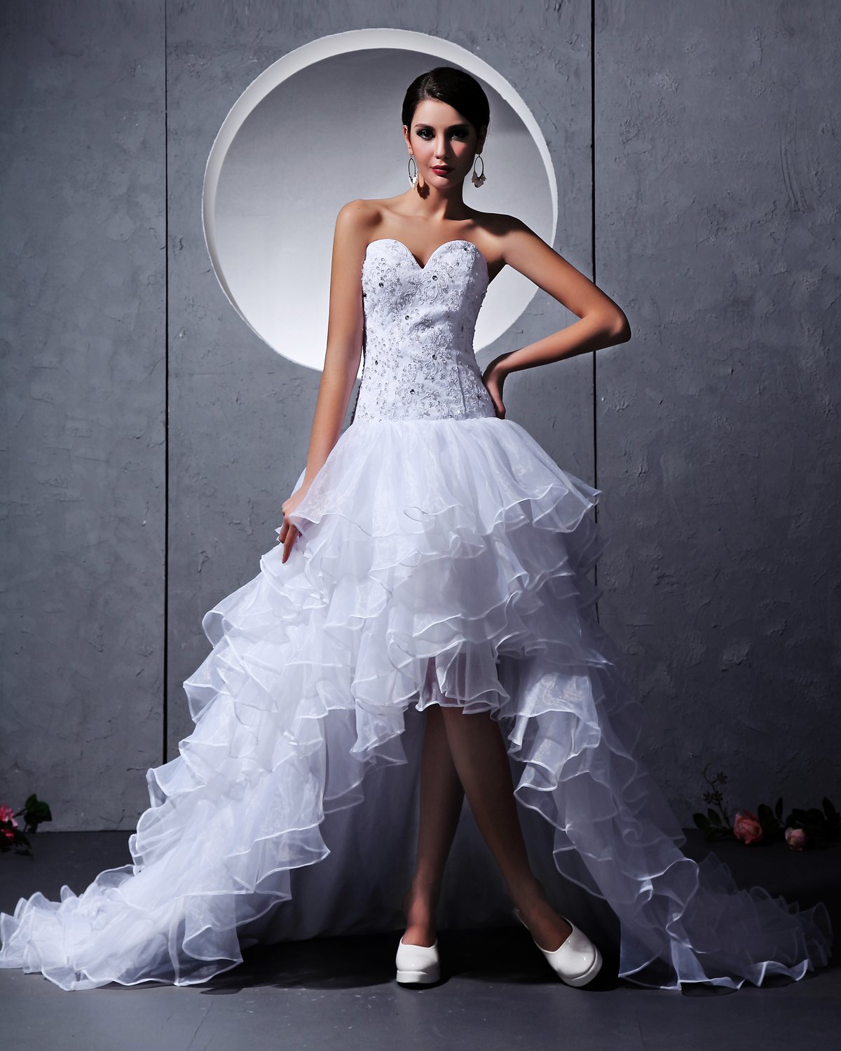 Tulle Beading Handmade Flower Sweetheart Asymmetrical Mini Wedding Dresses