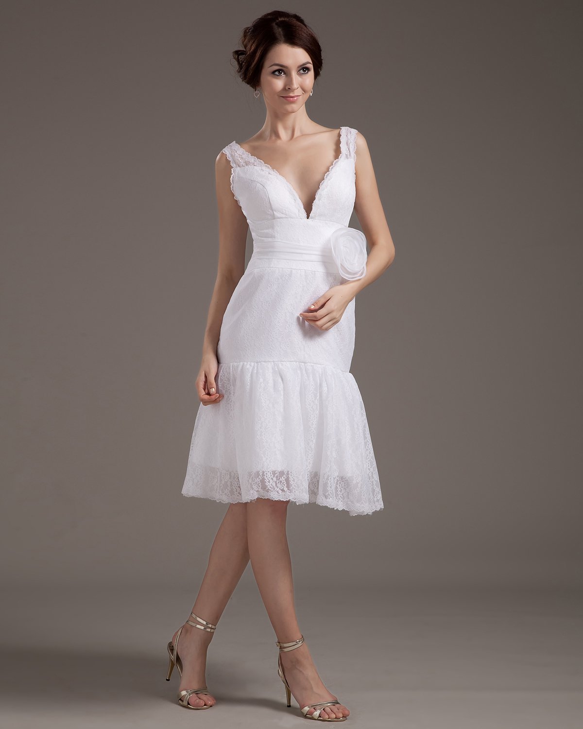 V-Neck Lace Handmade Flower Mini Wedding Dresses