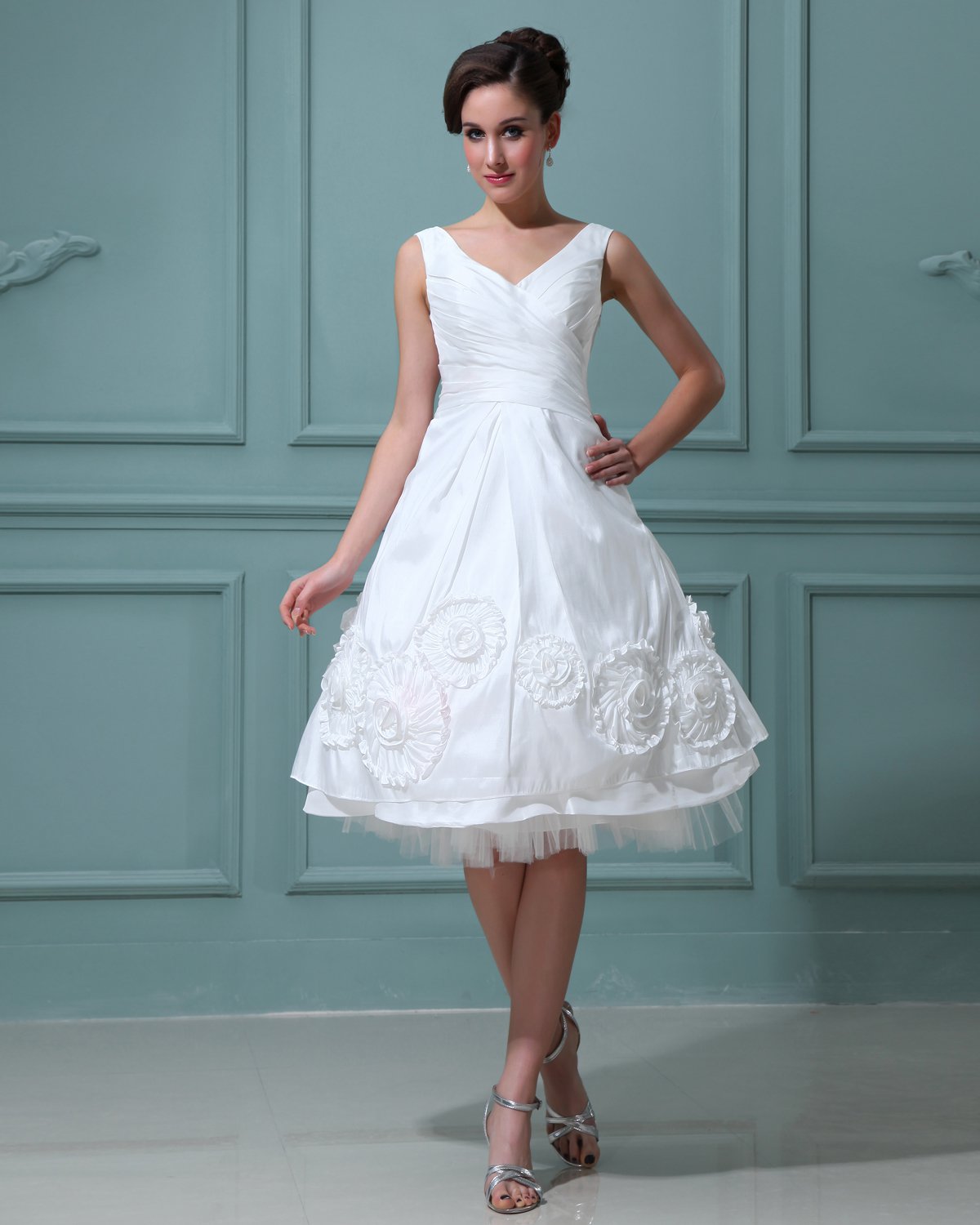 V-Neck Taffeta Ruffles Flowers Short Mini Wedding Dresses