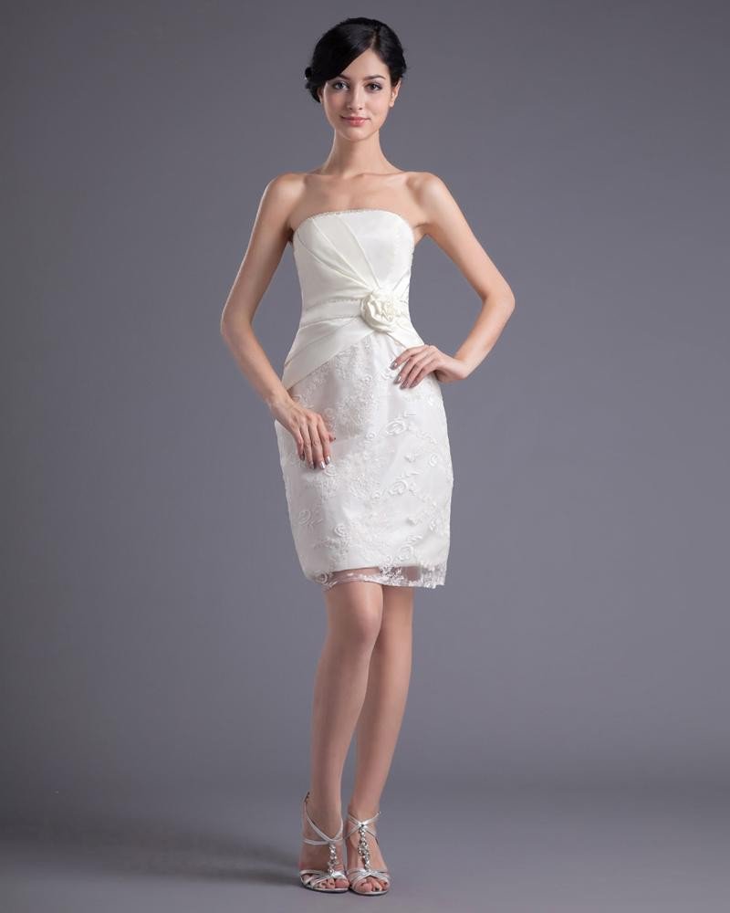 Fashion Satin Lace Pleated Flower Strapless Thigh Length Mini Wedding Dress