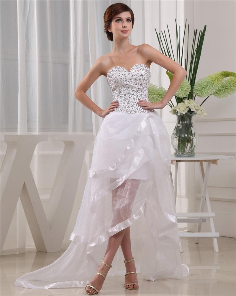 Satin Gauze Beadings Sweetheart Sleeveless Backless Court Train Asymmetrical Mini Wedding Dress
