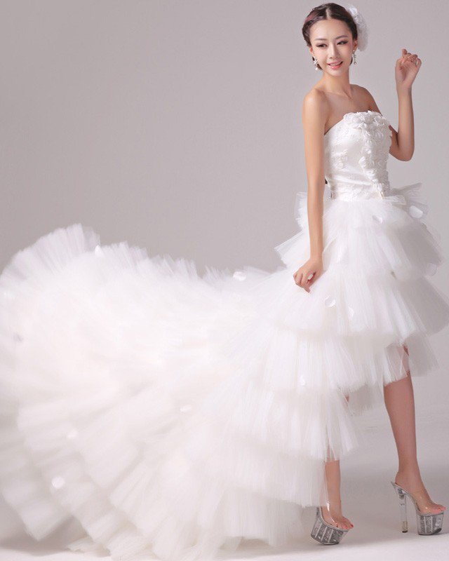 Satin Tulle Beading Flower Strapless Tiered Asymmetrical Length High Low Mini Wedding Dress