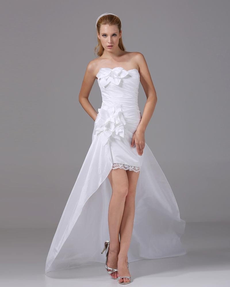 Strapless Flower Pleated Asymmetrical High Low Taffeta Woman Mini Wedding Dress