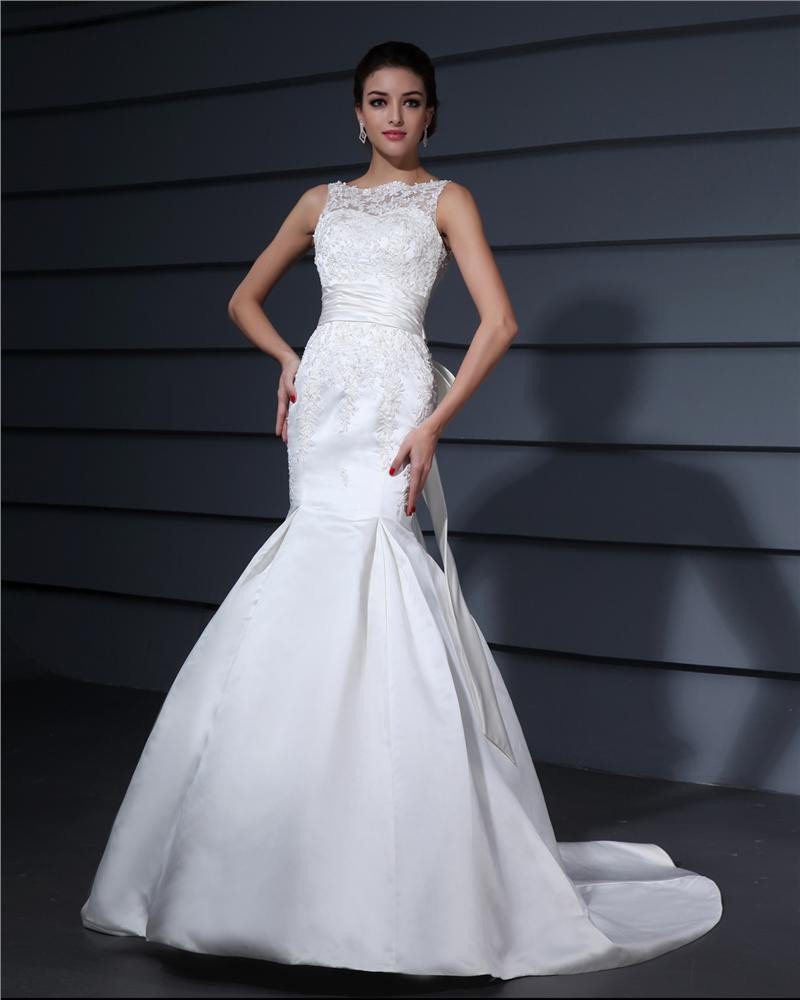 Bateau Applique Pleated Bowknot Floor Length Lace Woman Mermaid Wedding Dress