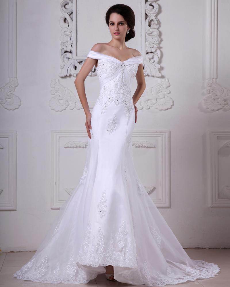 Off-Shoulder Organza Satin Beading Applique Cathedral Train Mermaid Wedding Dresses