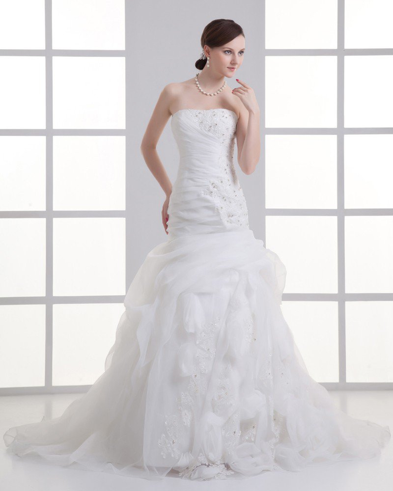 Organza Flower Ruffle Beading Strapless Court Train Mermaid Wedding Dress