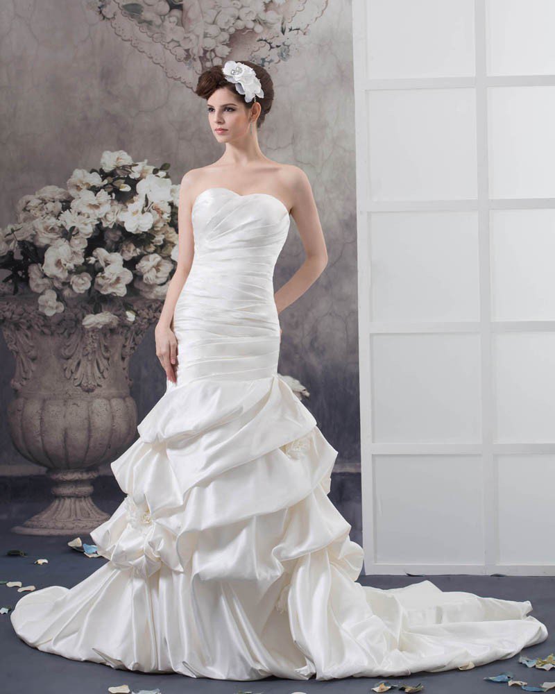 Satin Ruffle Strapless Flower Decor Chapel Mermaid Bridal Gown Wedding Dresses