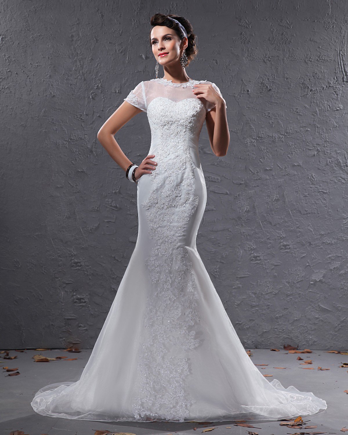 Elegant Organza Applique Beaded Jewel Floor Length Court Train Mermaid Wedding Dress