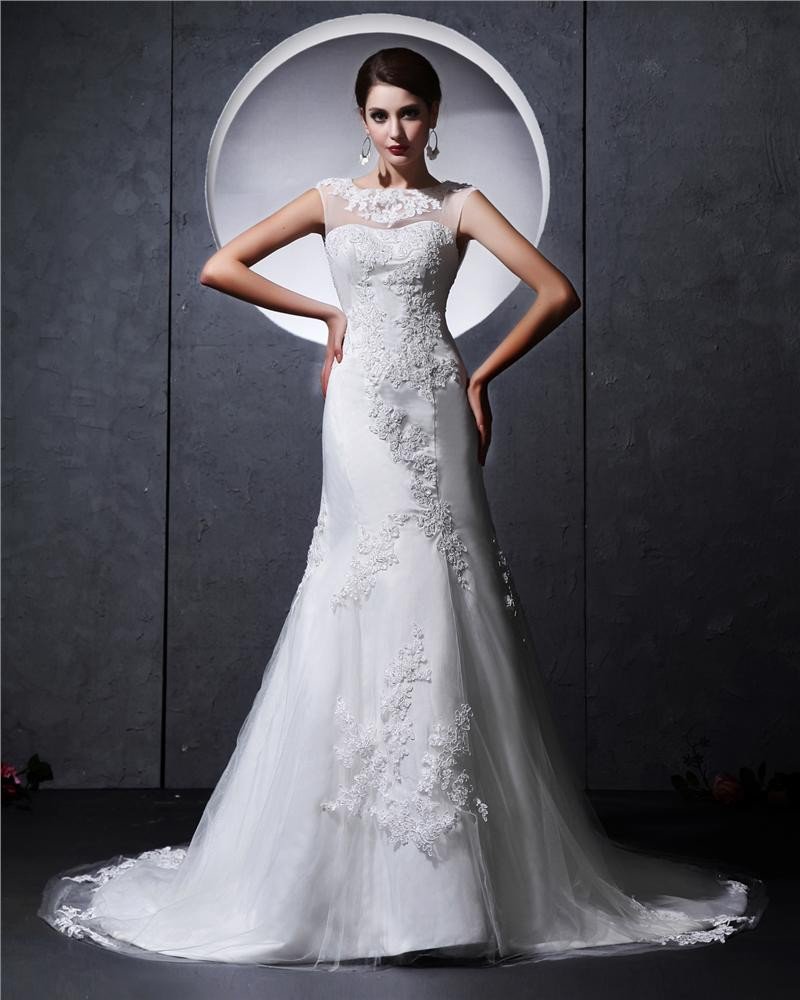 Satin Tulle Beaded Applique Ruffle High Neck Chapel Mermaid Bridal Gown Wedding Dresses